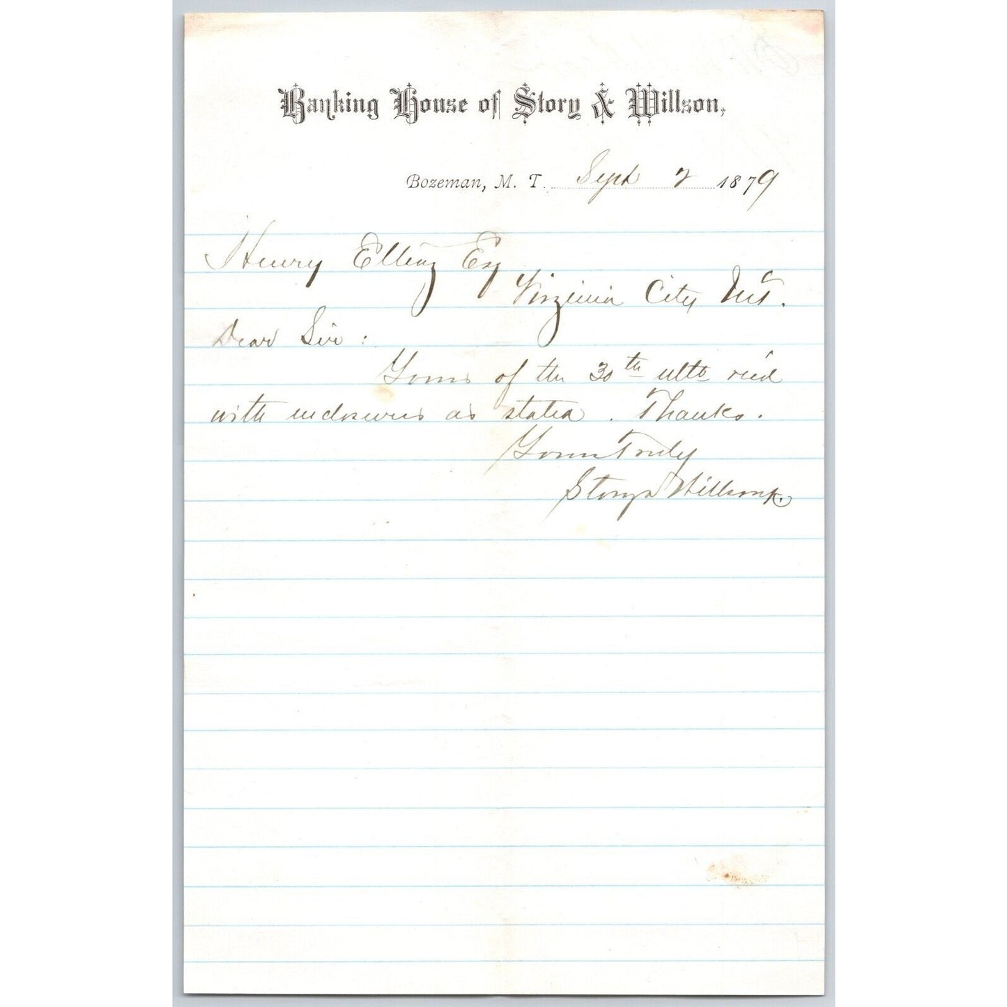 Banking House of Story & Nelson Bozeman, MT 9/2 1879 Letterhead - Henry Elling*