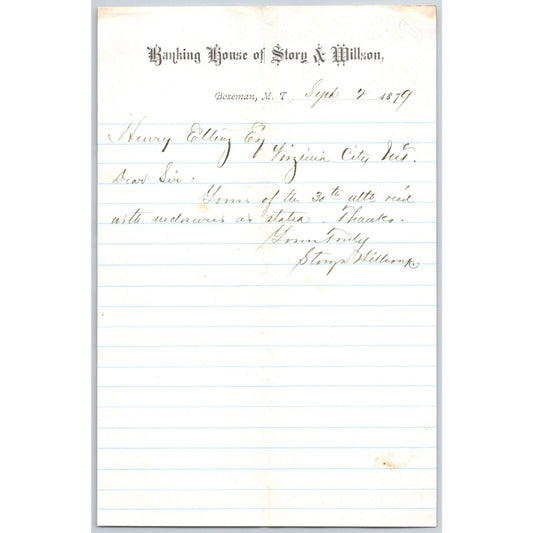 Banking House of Story & Nelson Bozeman, MT 9/2 1879 Letterhead - Henry Elling*