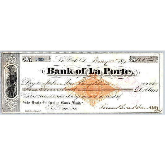 Bank of La Porte Check John Mac Laughlin 1879 Mining Vignette RN-G1 Rev Stamp
