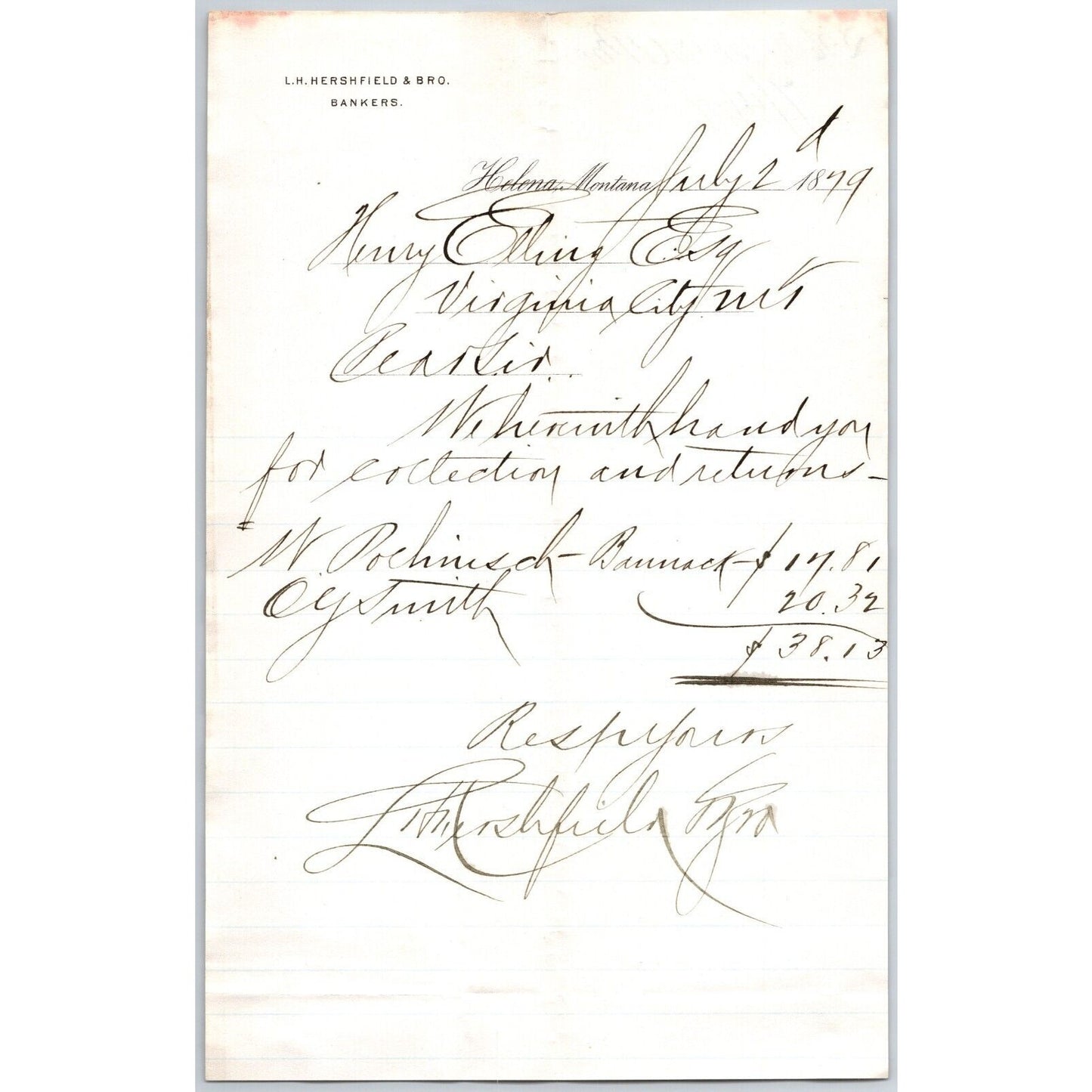 L.H. Hershfield** Bankers Helena 1879 Payment Advice Billhead - Henry Elling*