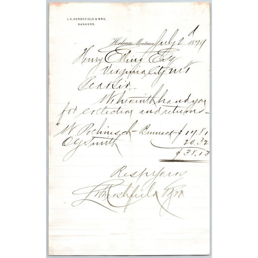 L.H. Hershfield** Bankers Helena 1879 Payment Advice Billhead - Henry Elling*