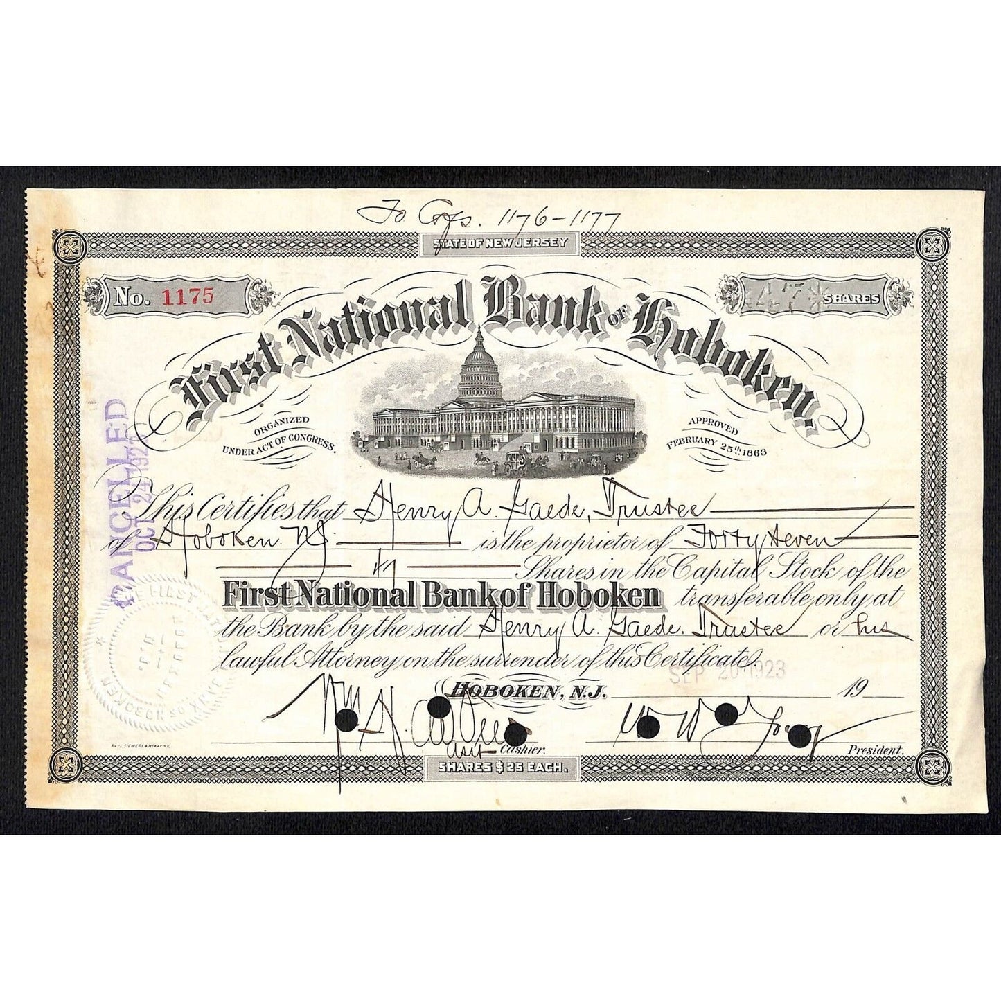 First National Bank of Hoboken NJ 1923 Stock Certificate Henry A. Gaede Trustee