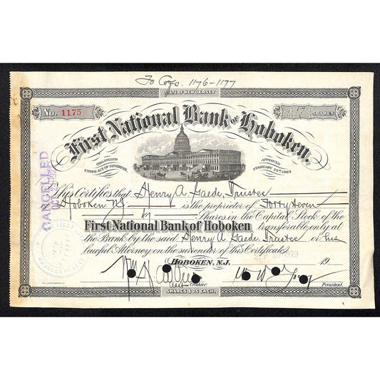 First National Bank of Hoboken NJ 1923 Stock Certificate Henry A. Gaede Trustee