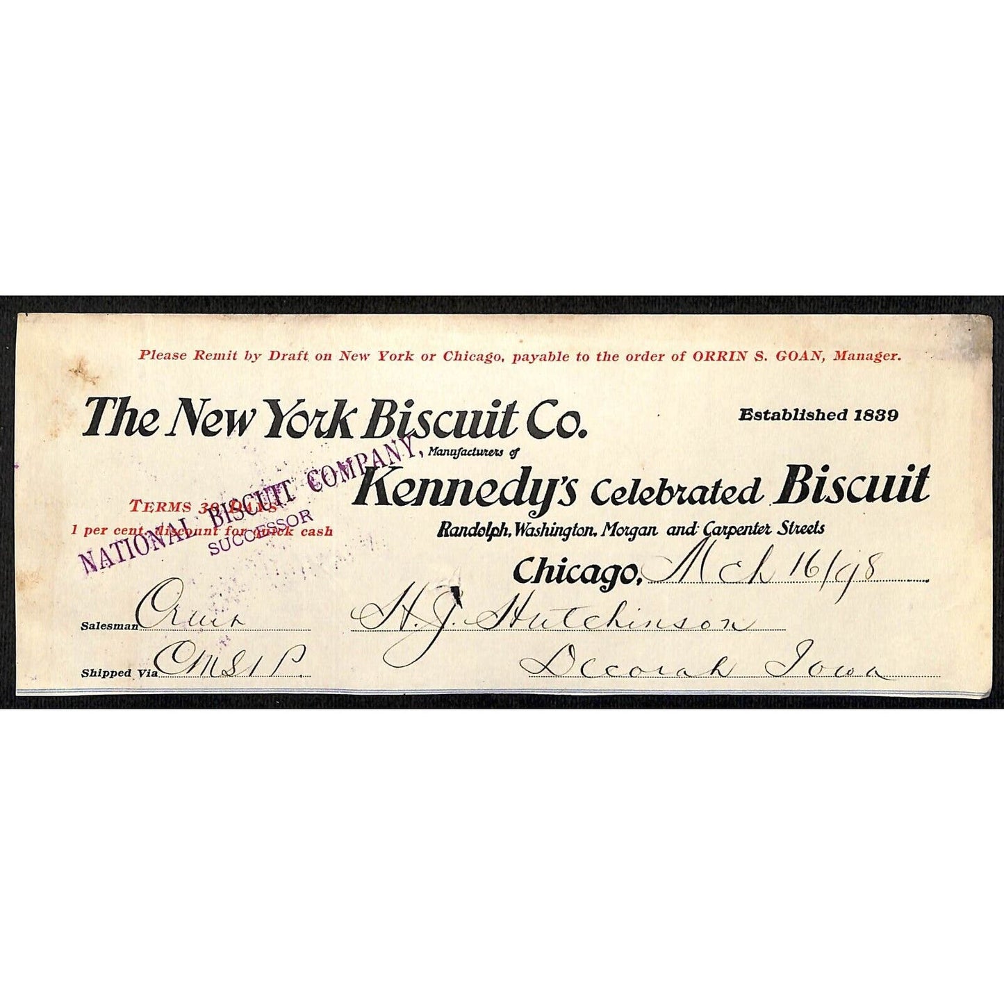 New York Biscuit Chicago Kennedy's HJ Hutchinson Decorah, IA* Cut 1898 Billhead