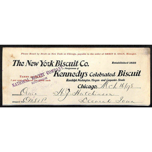 New York Biscuit Chicago Kennedy's HJ Hutchinson Decorah, IA* Cut 1898 Billhead