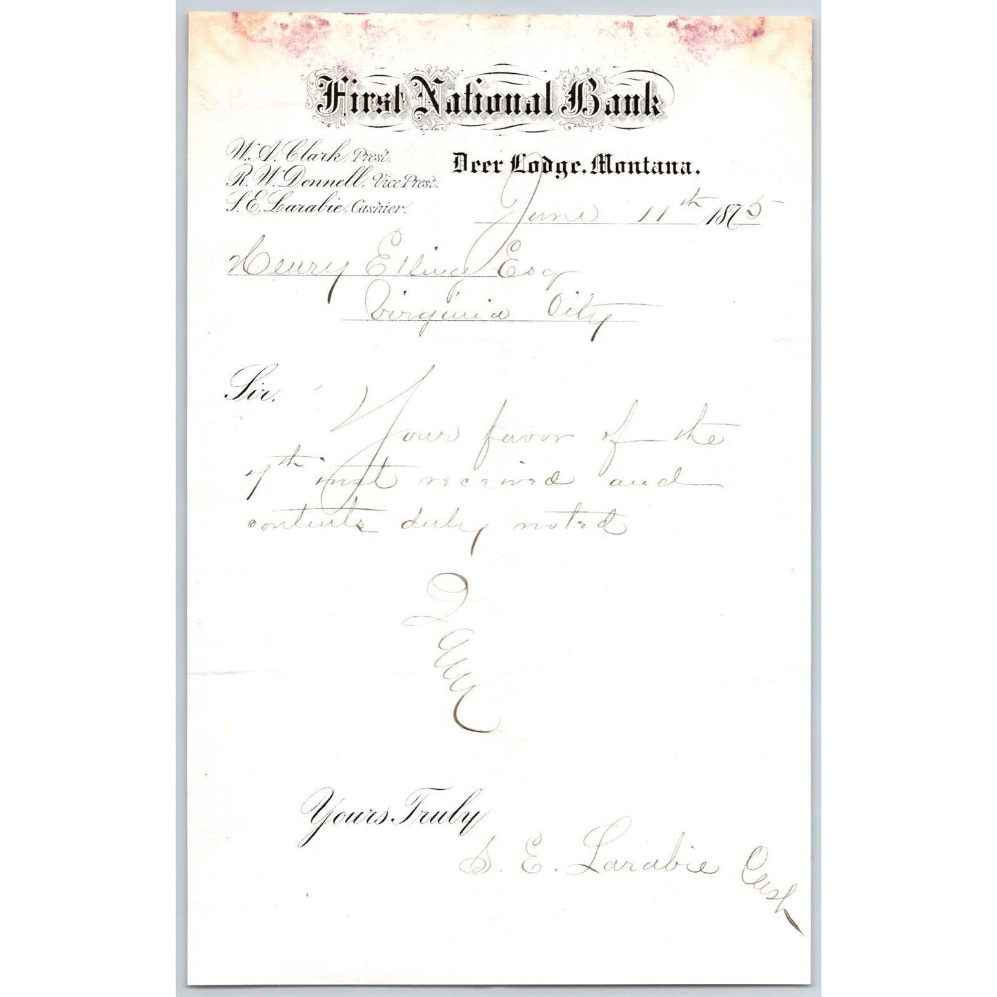 First National Bank Deer Lodge, MT 1/21 1875 Payment Advice Henry Elling*
