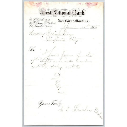 First National Bank Deer Lodge, MT 1/21 1875 Payment Advice Henry Elling*