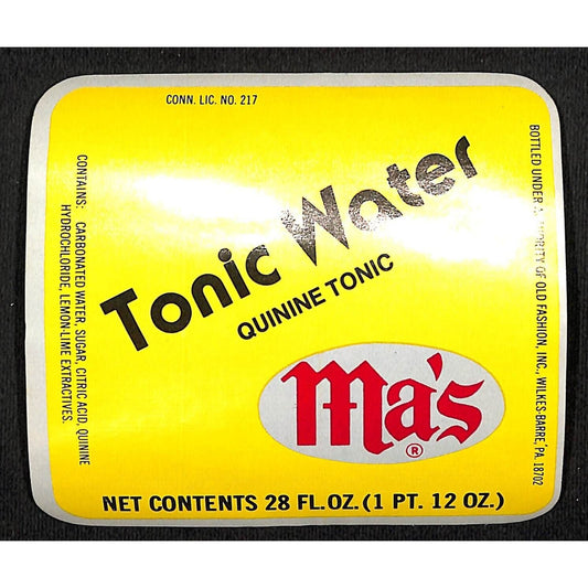 Ma's Tonic Water Paper Label c1970's-80's
