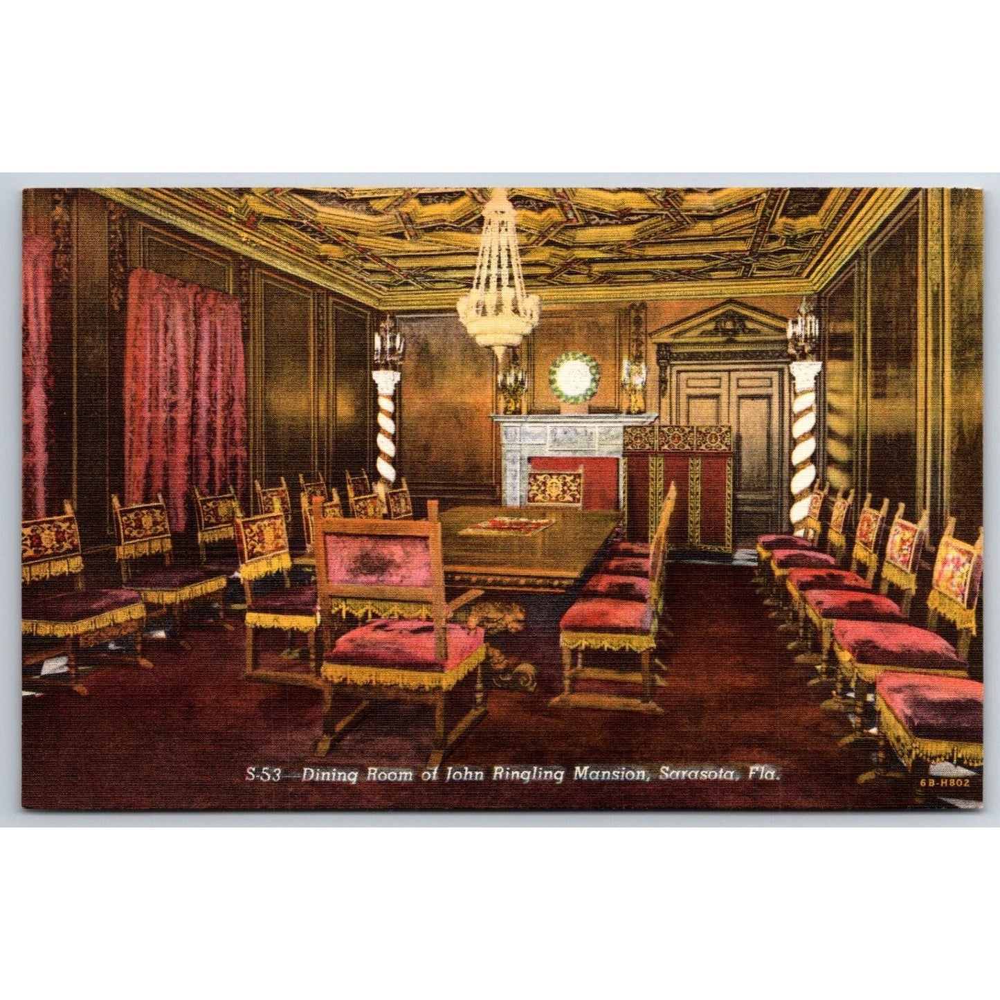 Dining Room John Ringling Mansion Sarasota Circus Linen Postcard c1935-50 NP VGC
