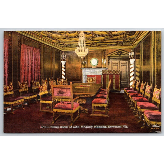 Dining Room John Ringling Mansion Sarasota Circus Linen Postcard c1935-50 NP VGC