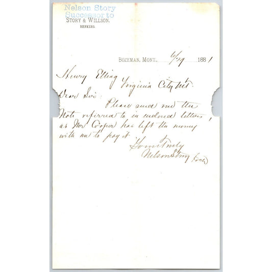 Nelson Story & Willson Bankers Bozeman, MT 6/29 1881 Letterhead Henry Elling*
