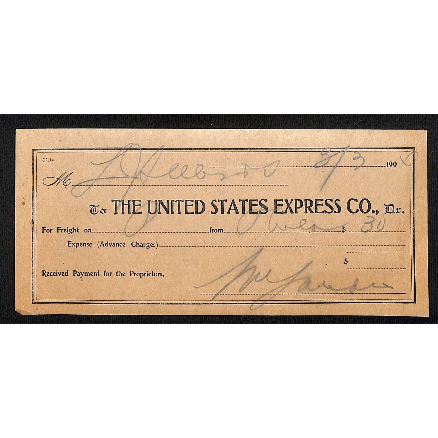 United States Express Co. 1900 1904 Waybill / Freight Payment Receipt