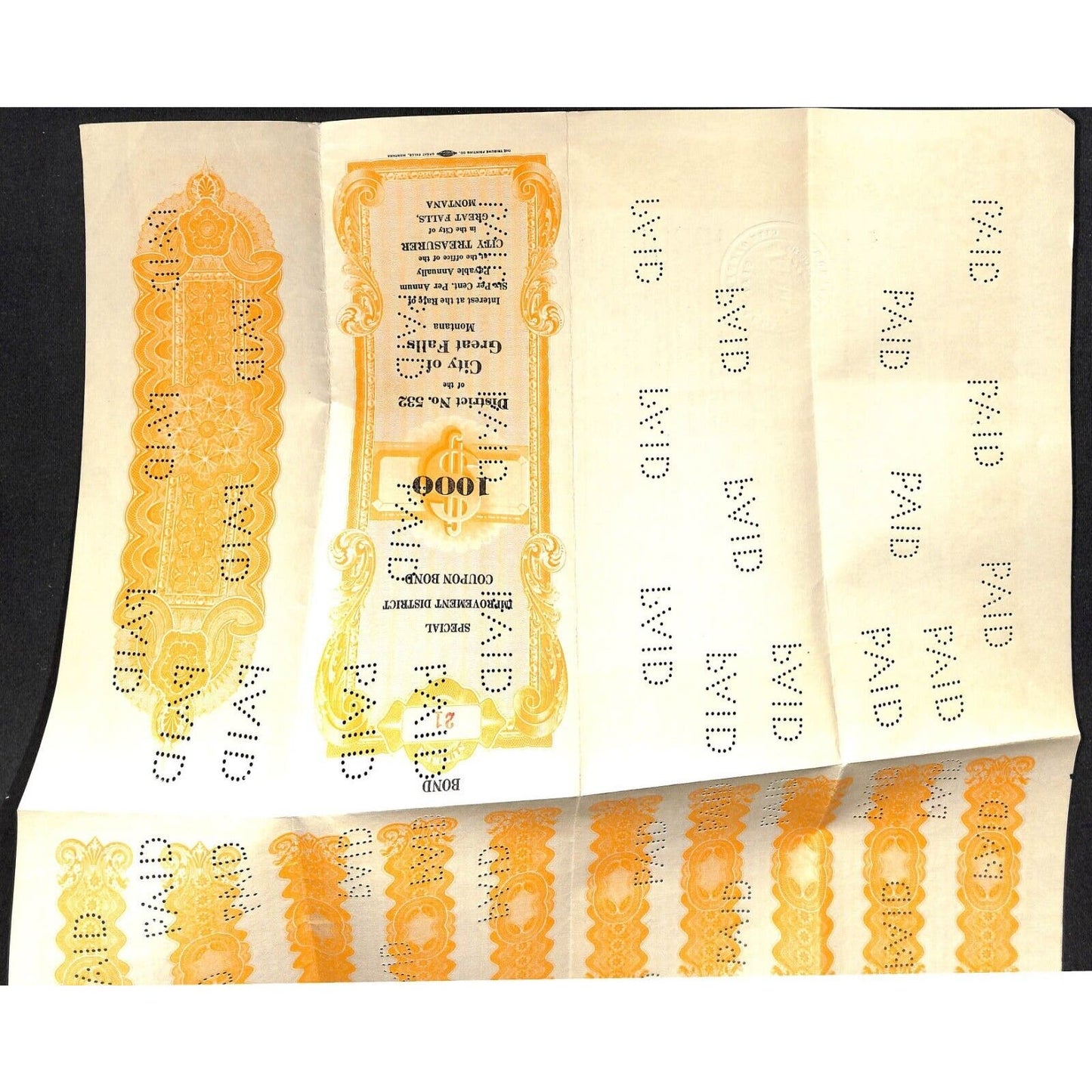 Great Falls Montana 1929 $1000 Bond for Special Improvements w/ 11 Coupons