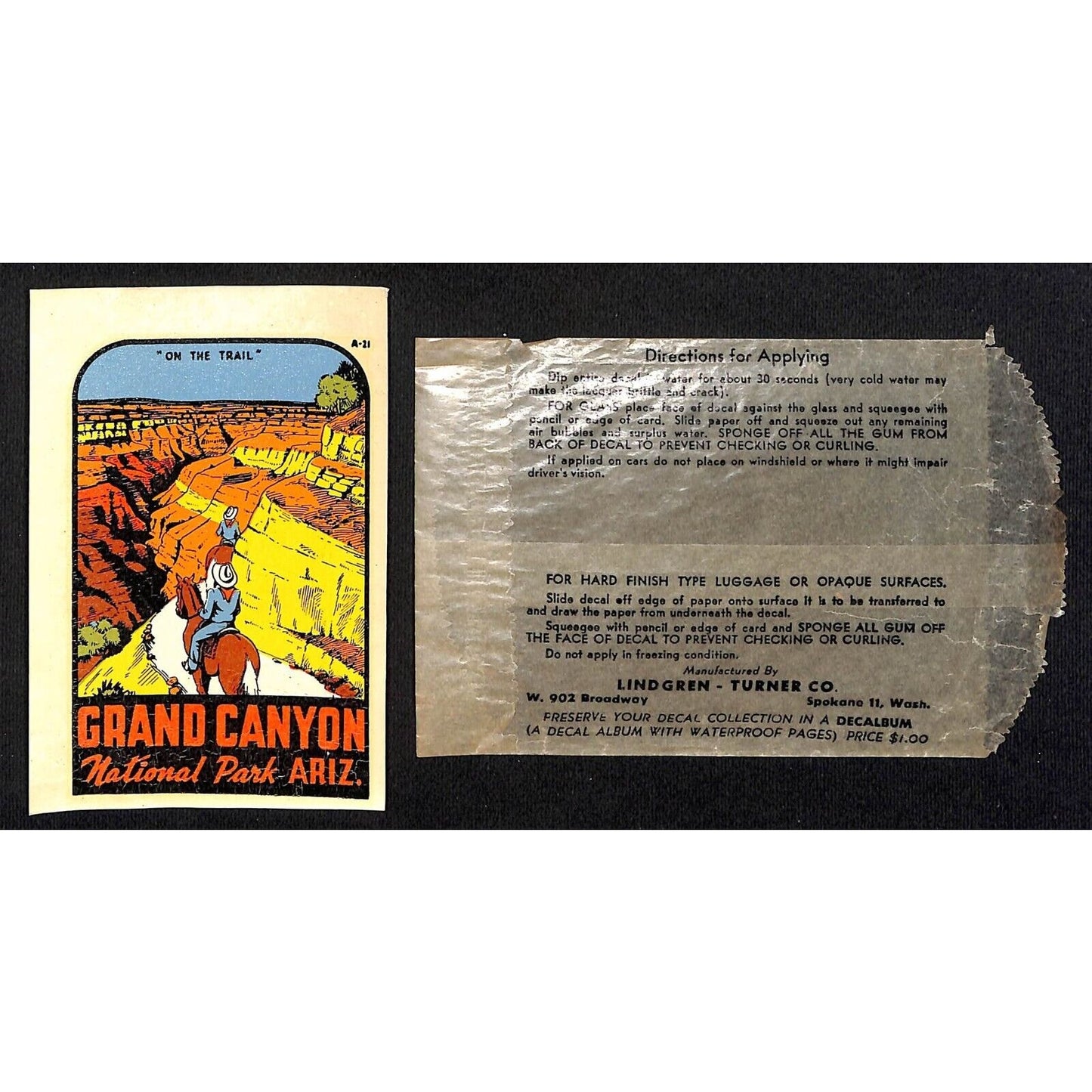 Grand Canyon Arizona Water Transfer Decal Travel Souvenir w/ Sleeve c1950's