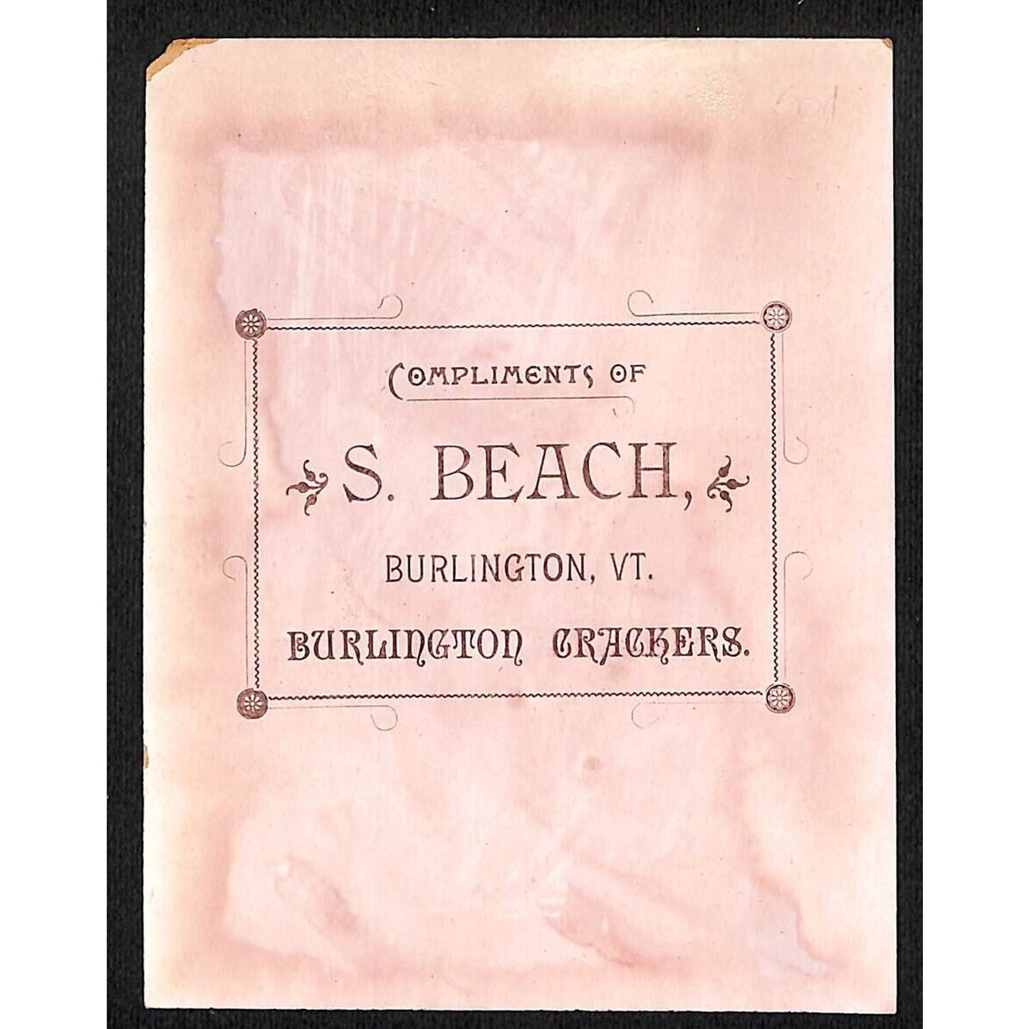 S. Beach Burlington, VT Burlington Crackers Large Victorian Trade Card