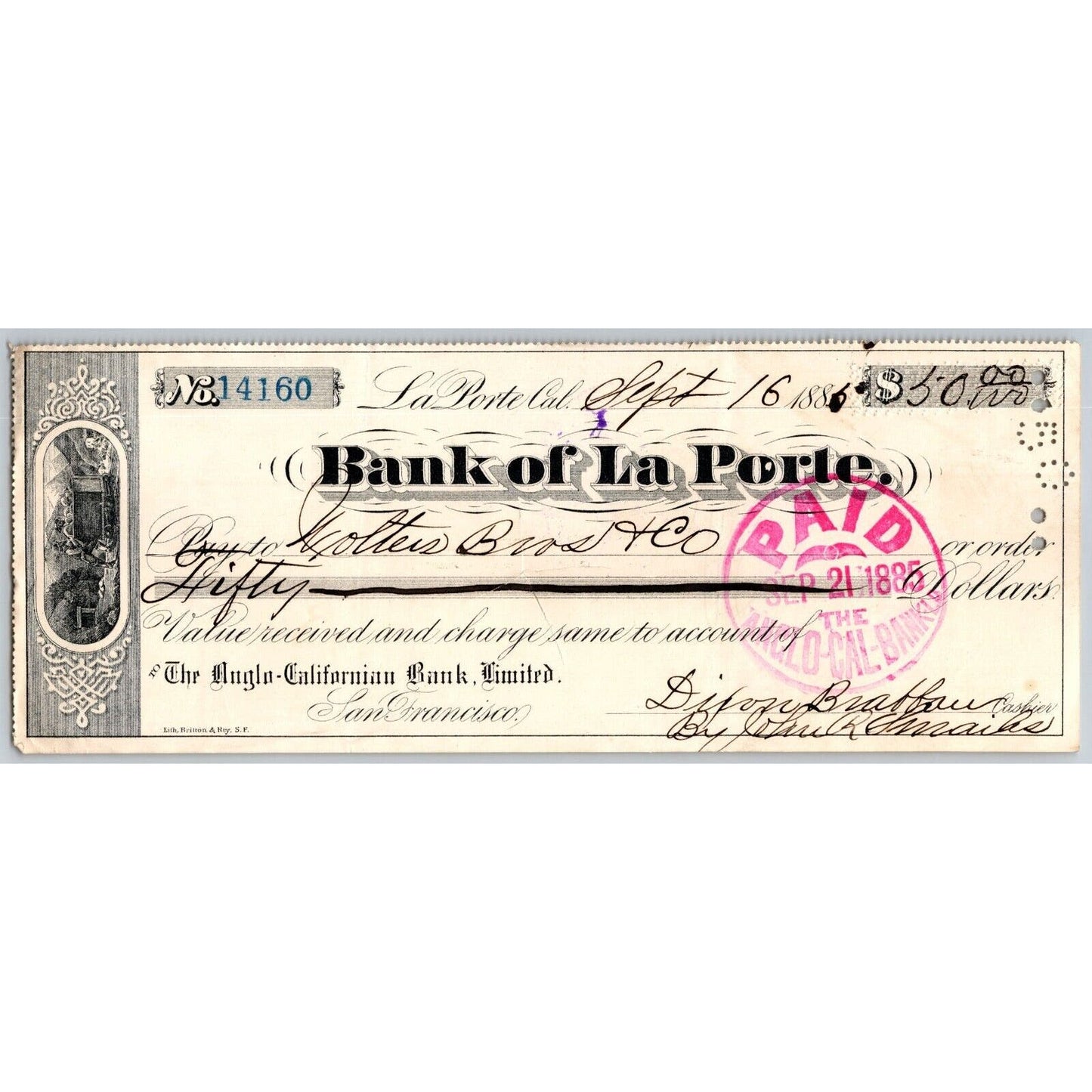 Bank of La Porte Check Wolters Bros. & Co. (Whiskey) 1886 Mining Vignette #14160