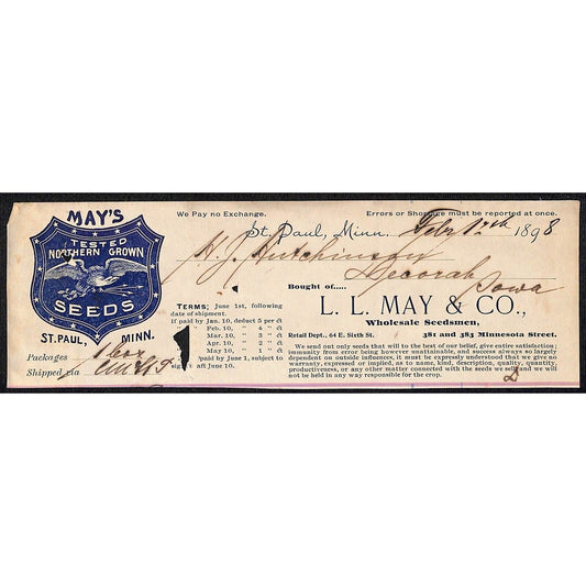 L.L. May Co. Seeds St. Paul, MN HJ Hutchinson Decorah IA* Cut 1898 Billhead