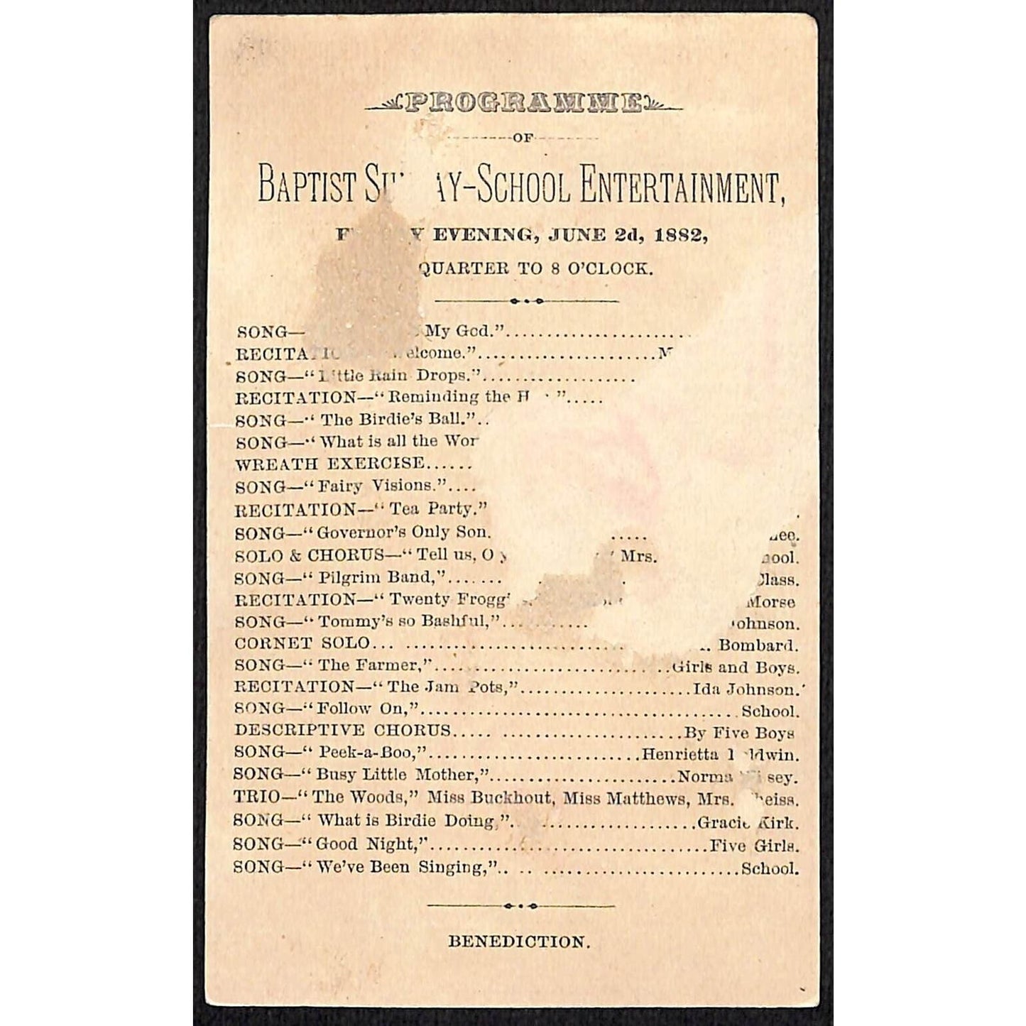 Baptist Sunday School Entertainment Program 1882 Victorian Trade Card