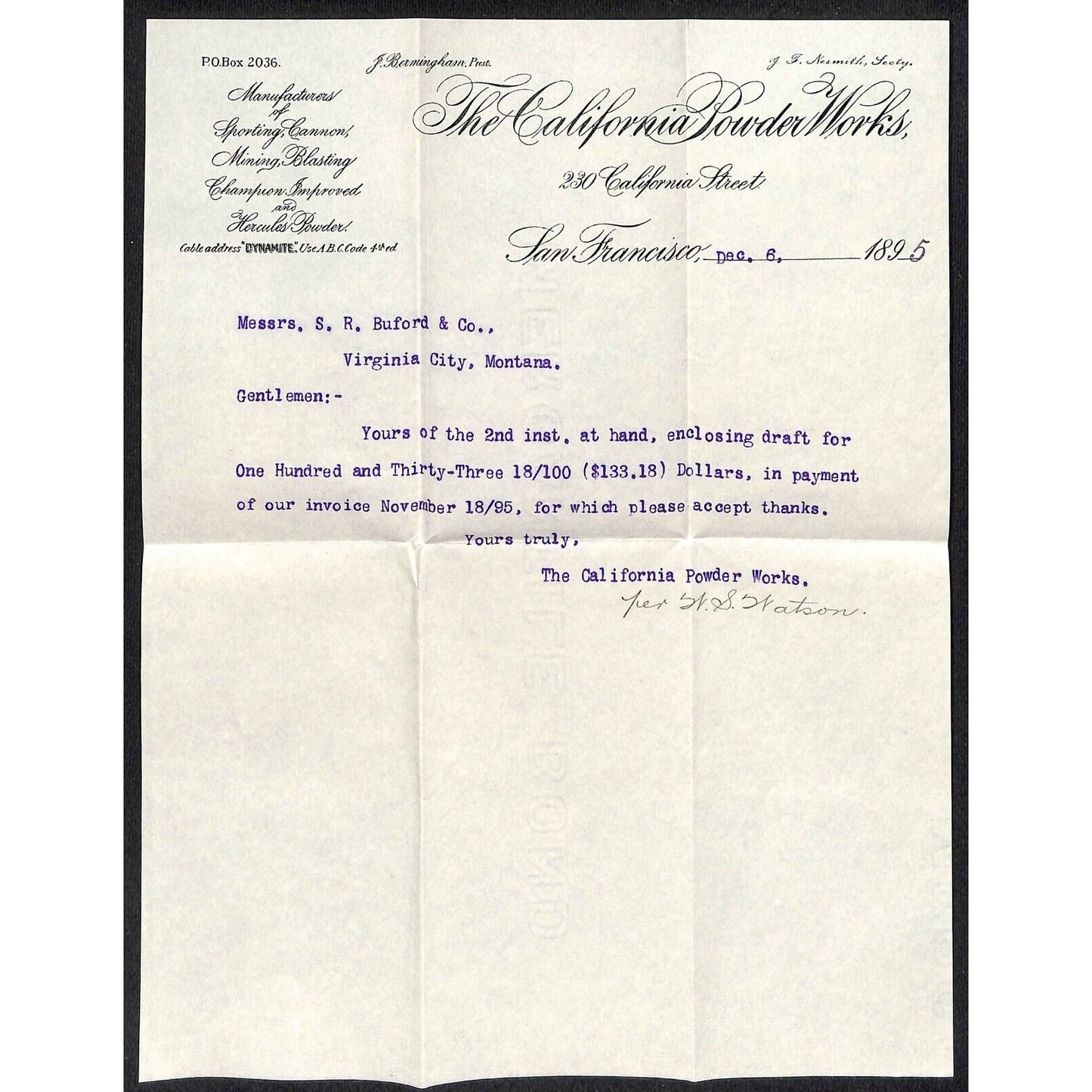 California Powder Works Hercules Dynamite 12/6 1895 Letterhead S.R. Buford*
