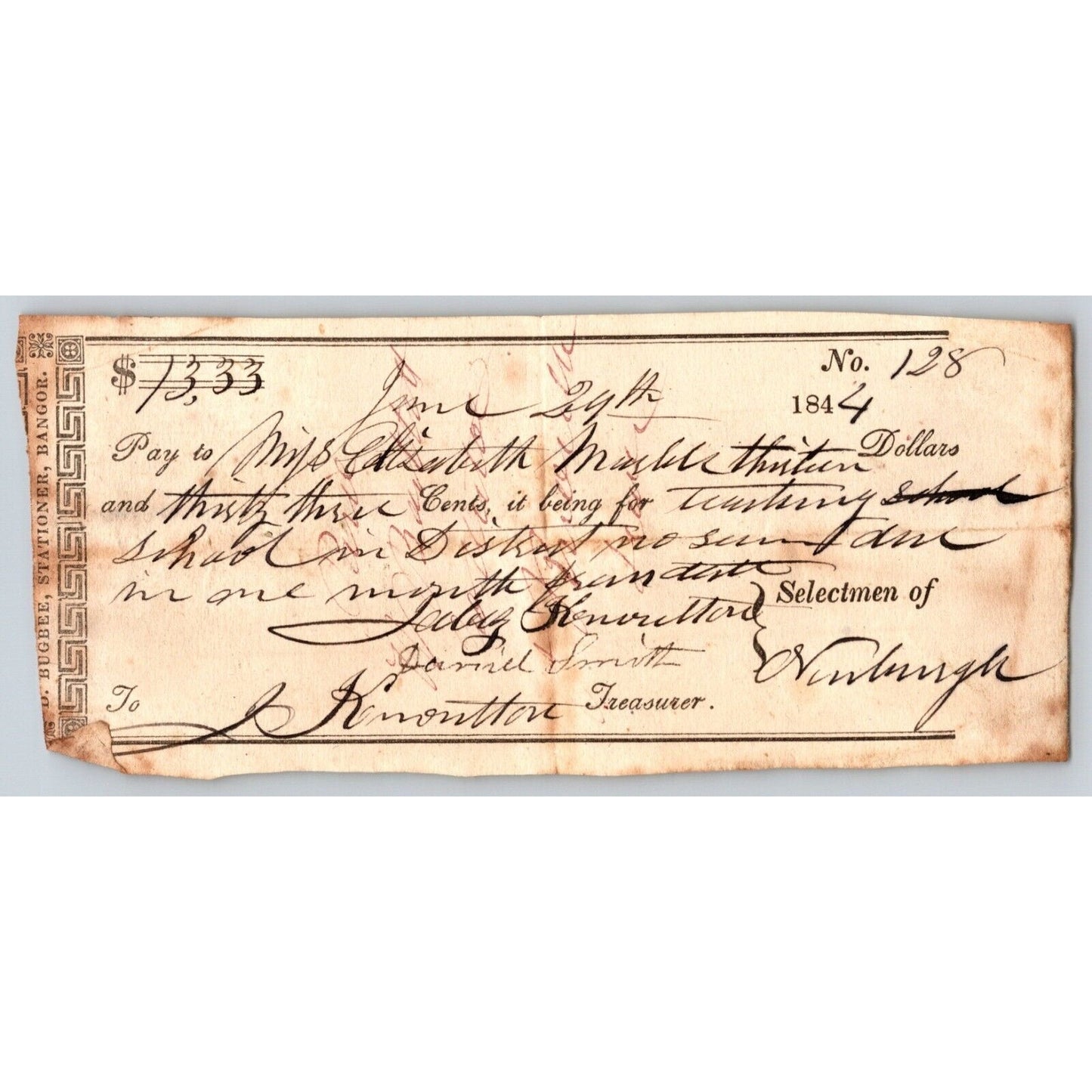 1844 Jabez Knowlton* Newburgh ME Town Check to Elizabeth __? for Teaching