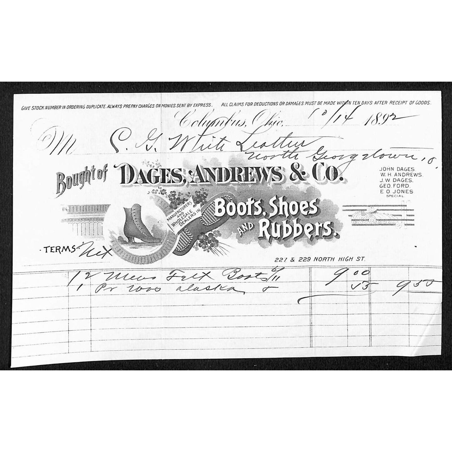 Dages, Andrews & Co. Rubbers 1892 Billhead Whiteleather* N. Georgetown, OH