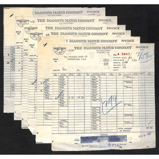 Group of 7 Diamond Match Co. Invoices Mostly 1934 to Frankle Bros Youngstown, OH