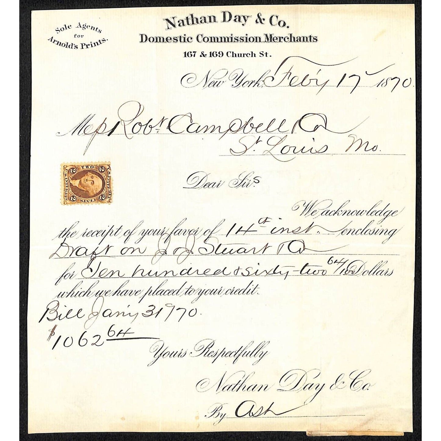 Nathan Day & Co. Merchants Church St. NYC Feb. 1870 Receipt w/ Tax Stamp