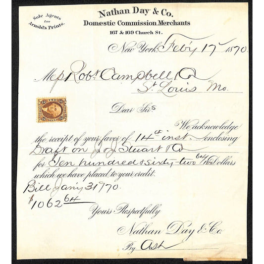Nathan Day & Co. Merchants Church St. NYC Feb. 1870 Receipt w/ Tax Stamp
