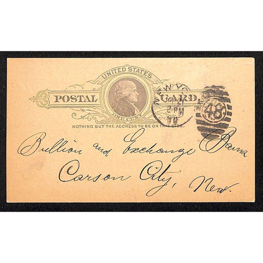 Bullion and Exchange Bank Carson City 1890 Knauth, Hachod & Kühne Postal Card