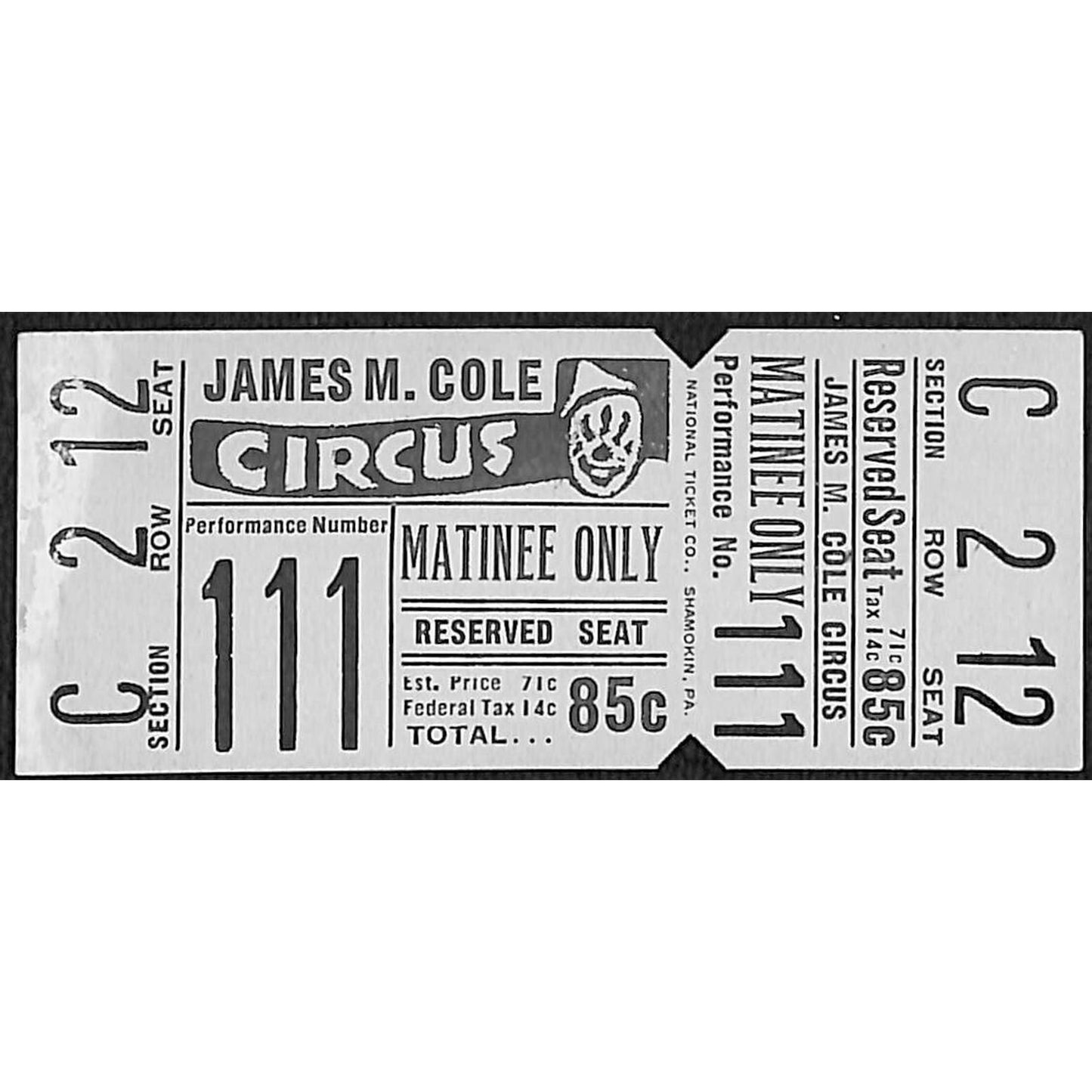 James M. Cole c1940's-50's Circus Ticket Unused Perf #111 Seat 12 VGC