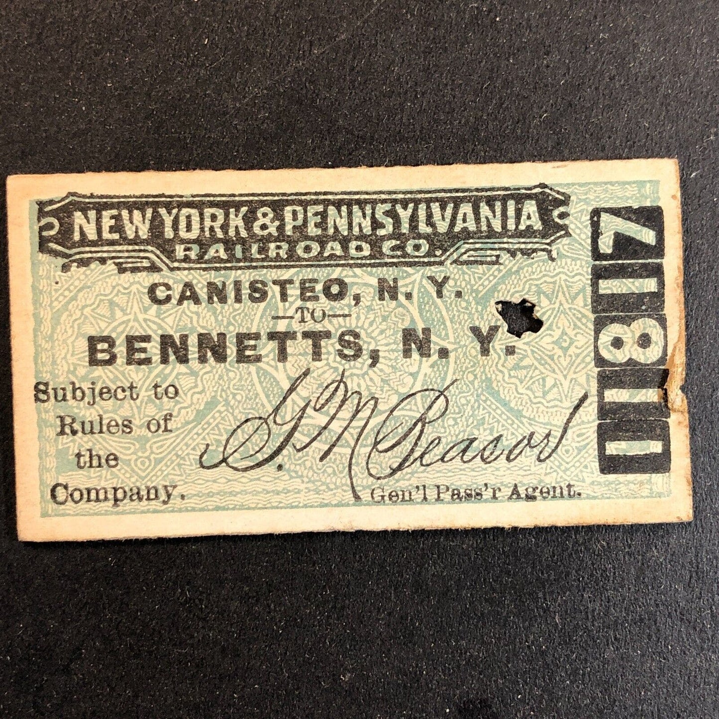 New York & Pennsylvania Railroad July 9 1917 Bennetts, NY Ticket #11817
