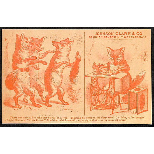 Johnson, Clark & Co. New Home Sewing Kemp Bros. Victorian Trade Card Fox Sewing