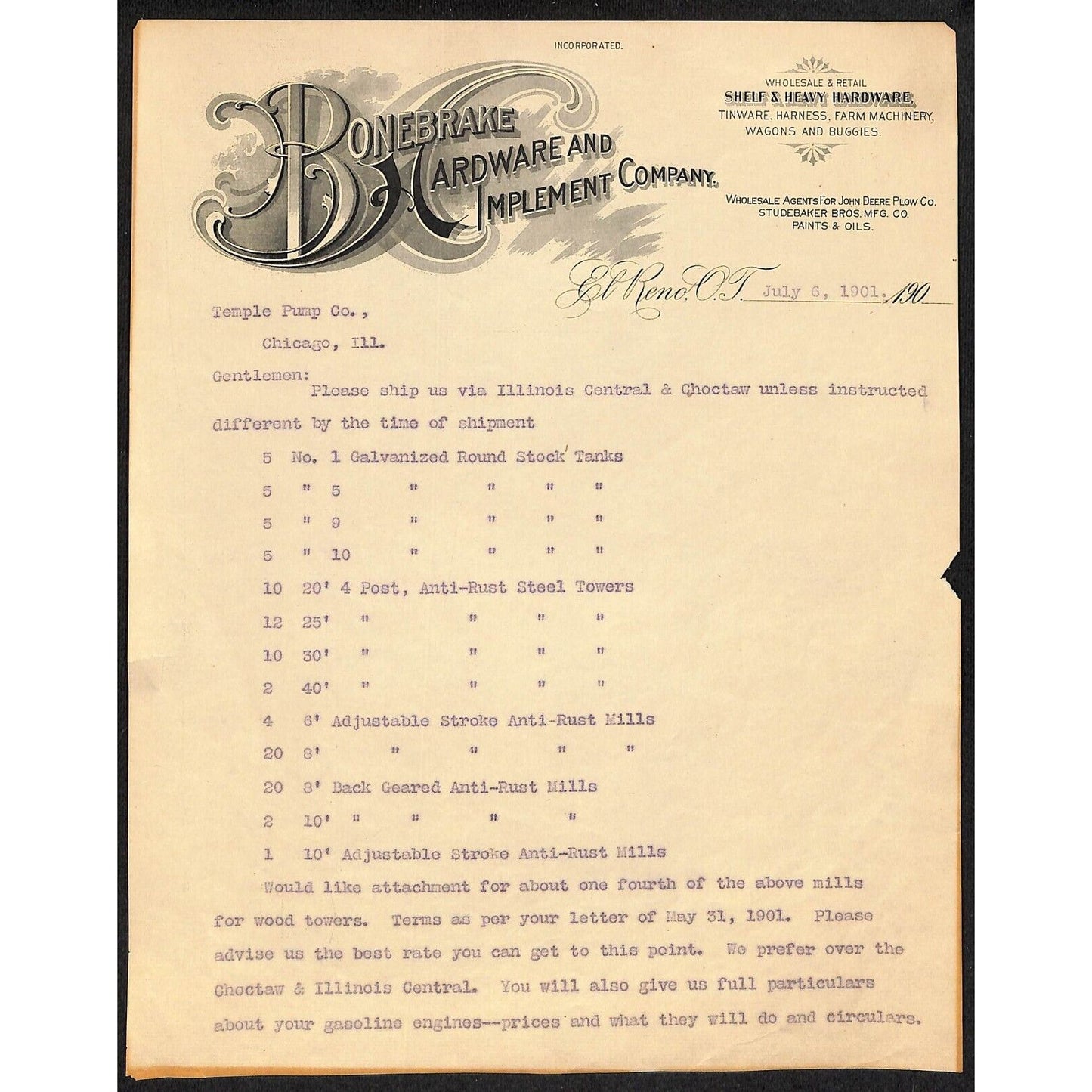 1901 Bonebreak Hardware and Implement Co. El Reno OK Indian Territory Letterhead