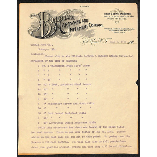 1901 Bonebreak Hardware and Implement Co. El Reno OK Indian Territory Letterhead