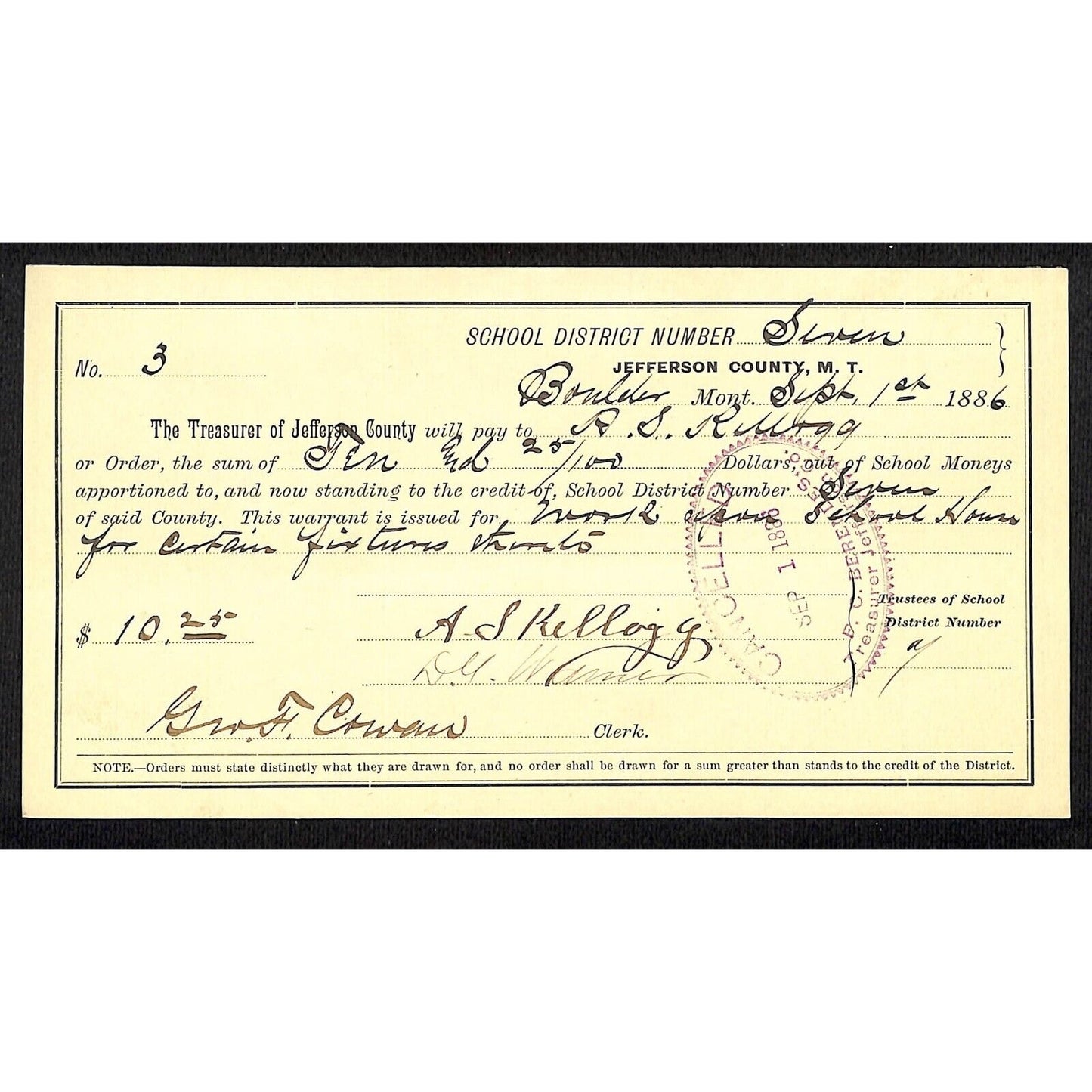 1886 Jefferson County Montana Territory School Warrant for Curtain Fixtures