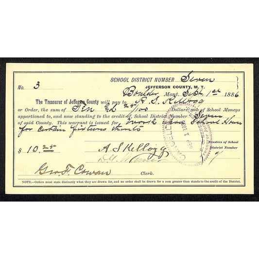 1886 Jefferson County Montana Territory School Warrant for Curtain Fixtures
