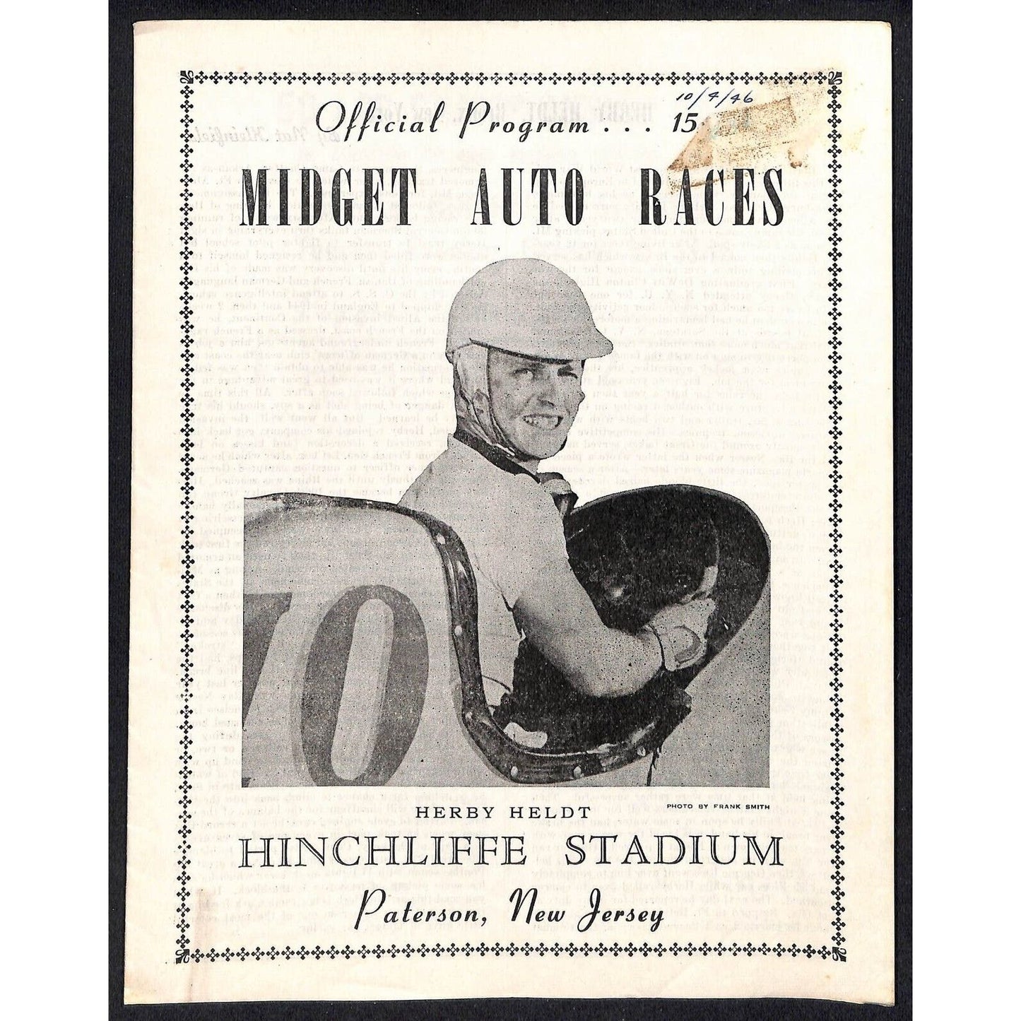 Hinchliffe Stadium Midget Auto Races 10/4/1946 Program Herby Heldt 4pp Scarce