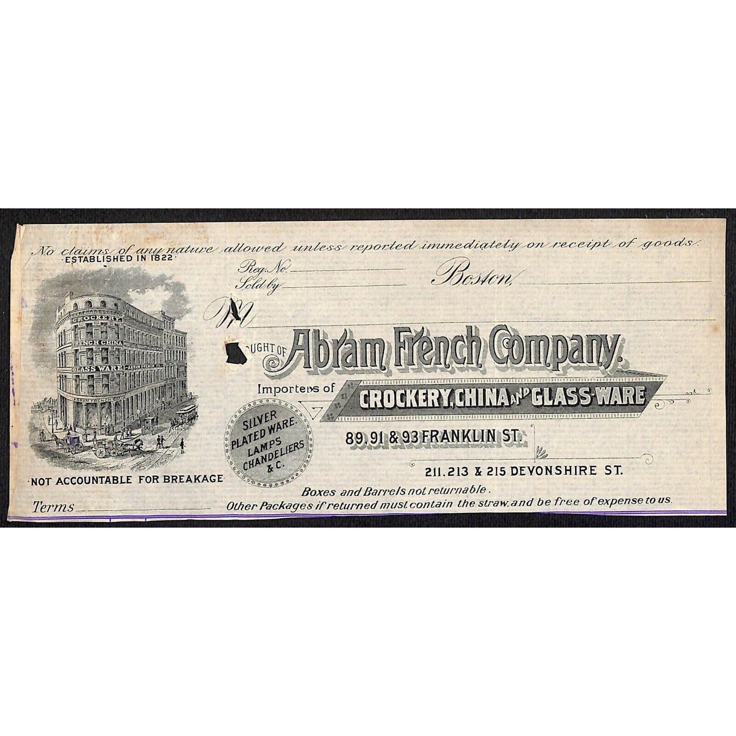 Abram French Co. Crockery Boston HJ Hutchinson Decorah IA* Cut c1903 Billhead