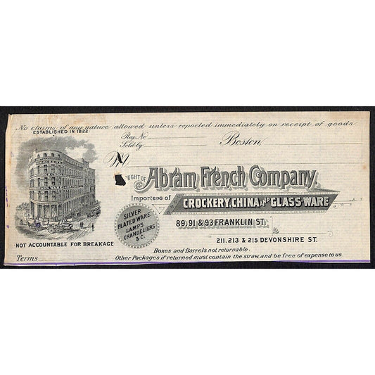 Abram French Co. Crockery Boston HJ Hutchinson Decorah IA* Cut c1903 Billhead