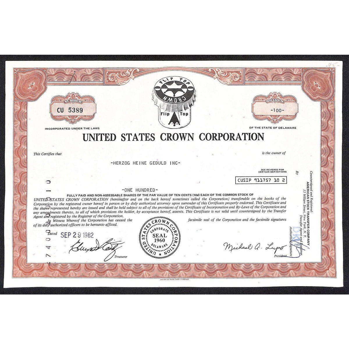 United States Crown Corp* NJ Soda "Crown Flip Top" 1982 Stock Certificate #5389