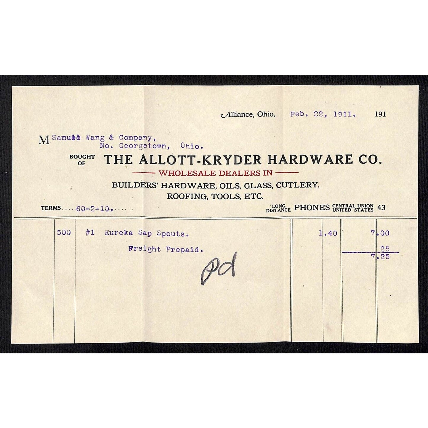 Allott-Kryder Hardware Alliance, OH 1911 Billhead Samuel Wang* N. Georgetown, OH