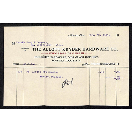 Allott-Kryder Hardware Alliance, OH 1911 Billhead Samuel Wang* N. Georgetown, OH