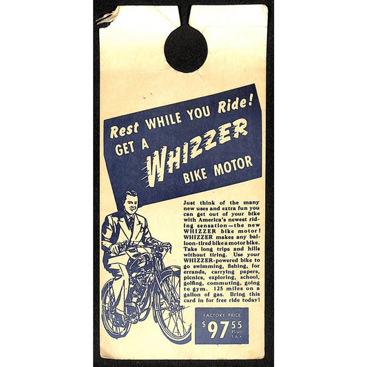 Whizzer Bike Motor Gas Powered Hanging Advertising Tag c1945-50 Scarce