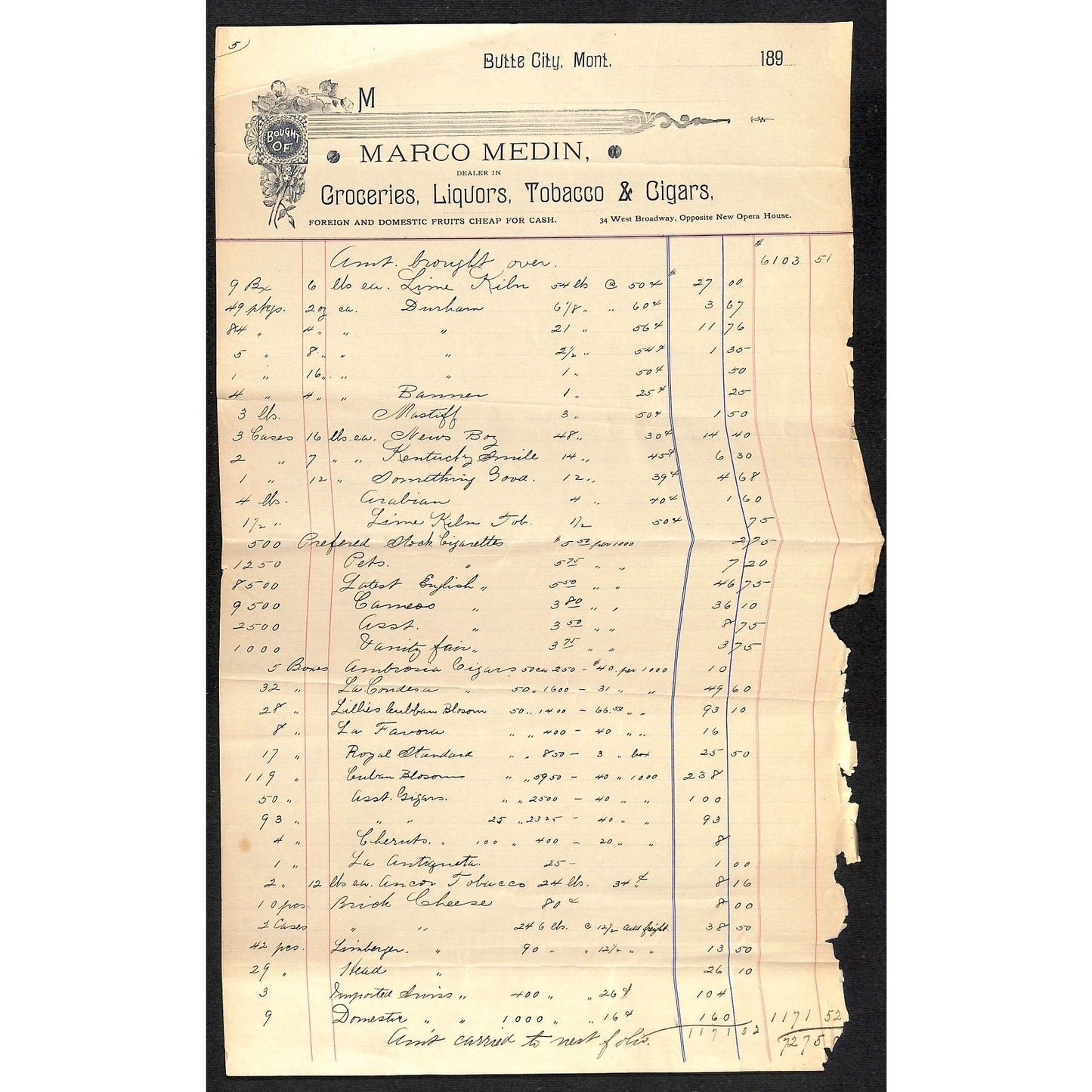 Marco Medin Butte City, MT Groceries Liquors Tobacco 189? 1890 3pp Billheads