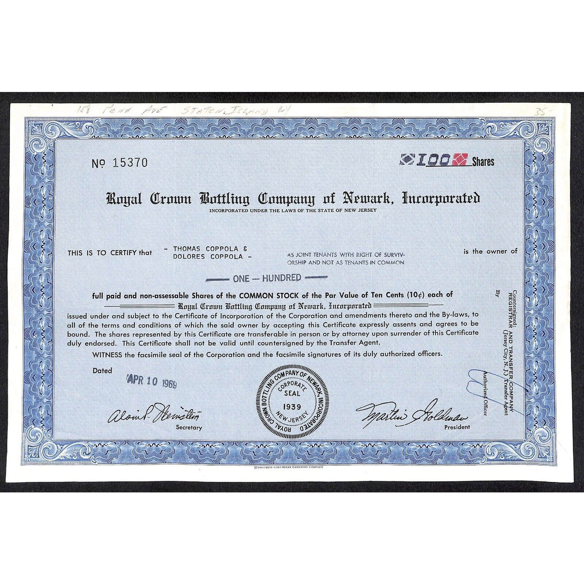 Royal Crown Bottling Newark NJ / Hoffman Products* 1968 Stock Certificate #15370
