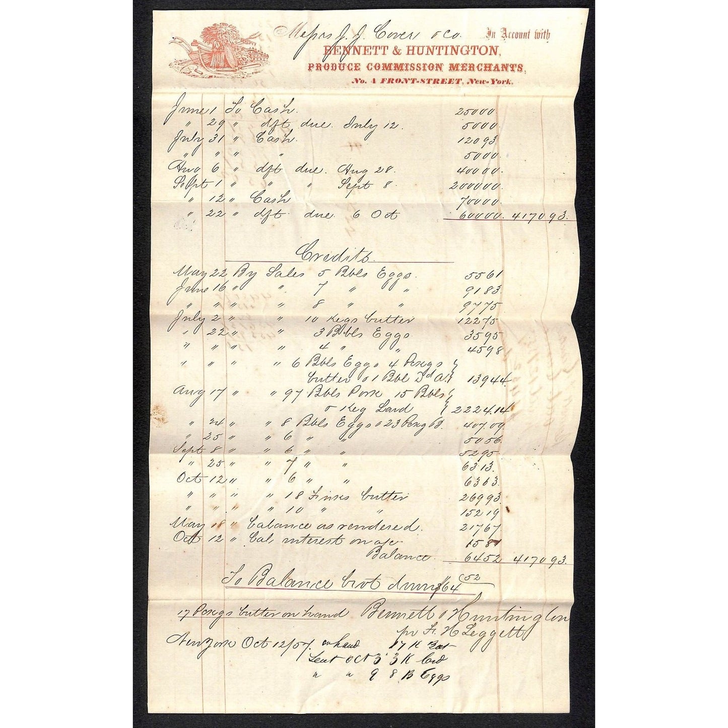 Bennett & Huntington Produce NYC 1857 J.J. Cover, Johnsville OH* Billhead Scarce