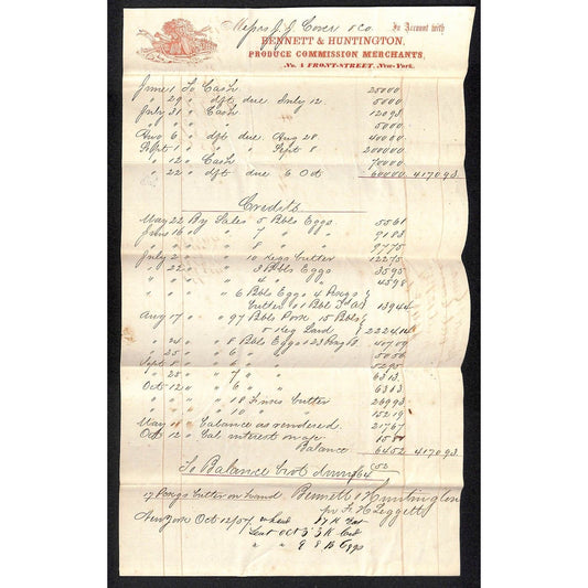 Bennett & Huntington Produce NYC 1857 J.J. Cover, Johnsville OH* Billhead Scarce