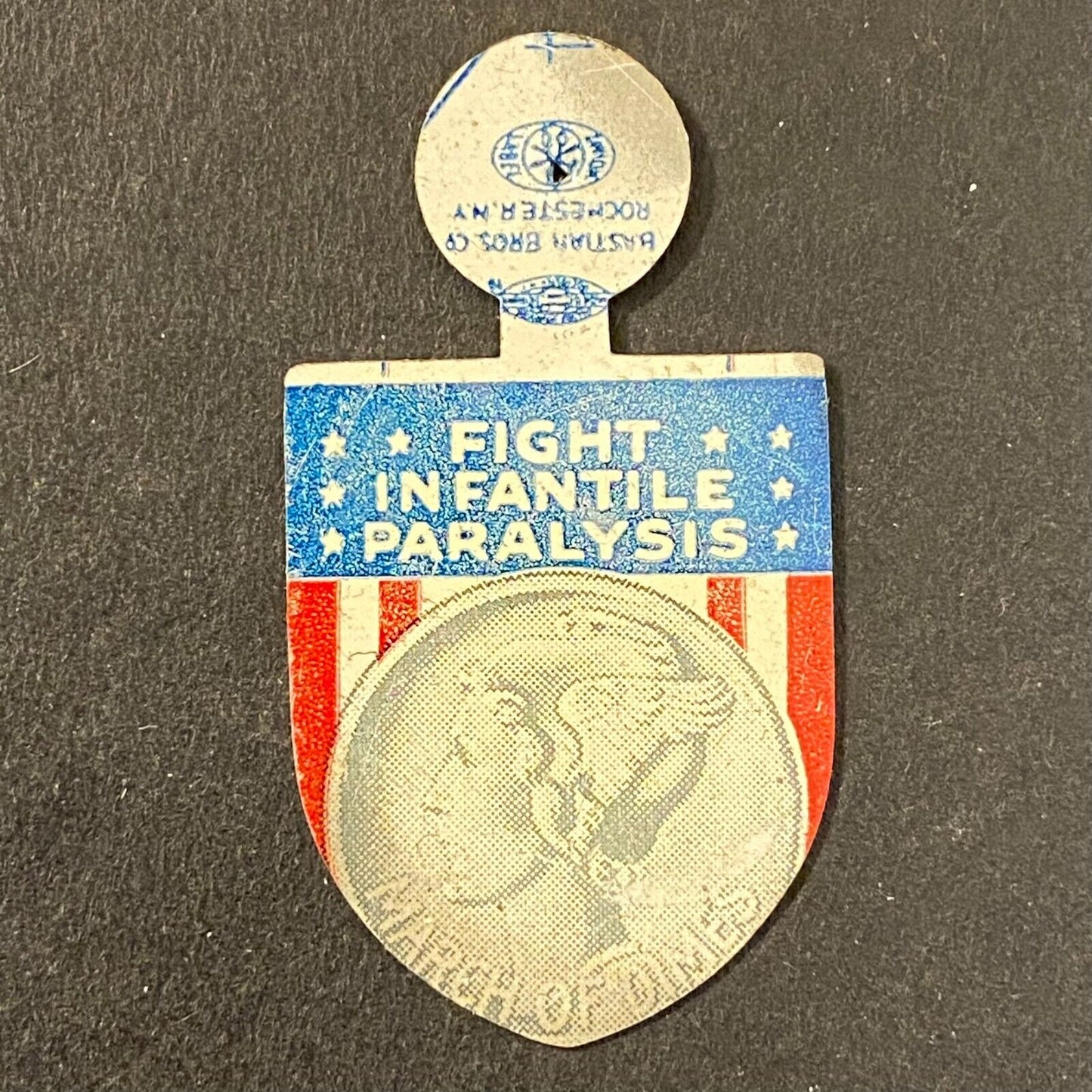 March of Dimes "Fight Infantile Paralysis" Steel Fold Over Pin Mercury Dime (#7)