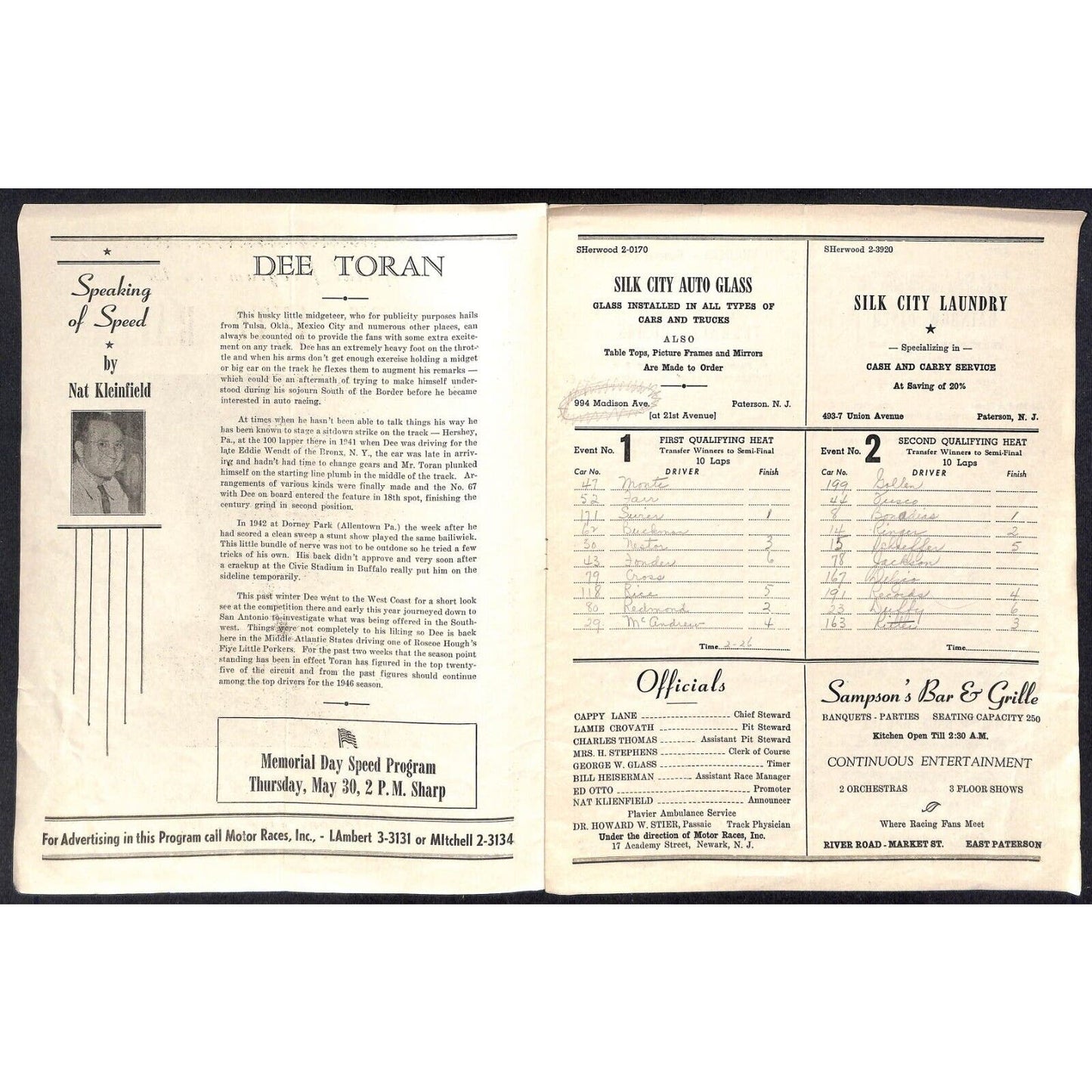 Hinchliffe Stadium Midget Auto Races 5/19/1946 Program Dee Toran 4pp Scarce