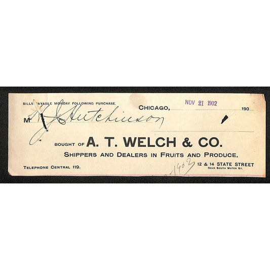 A.T. Welch & Co Fruits Produce Chicago Hutchinson Decorah, IA* Cut 1902 Billhead